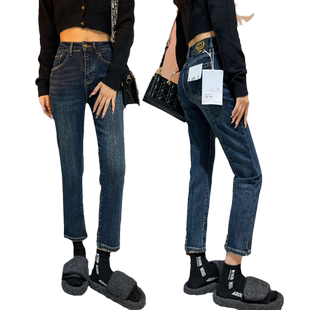 秋冬新款复古蓝色加绒牛仔烟管裤女小个子高腰显瘦弹力九分直筒裤