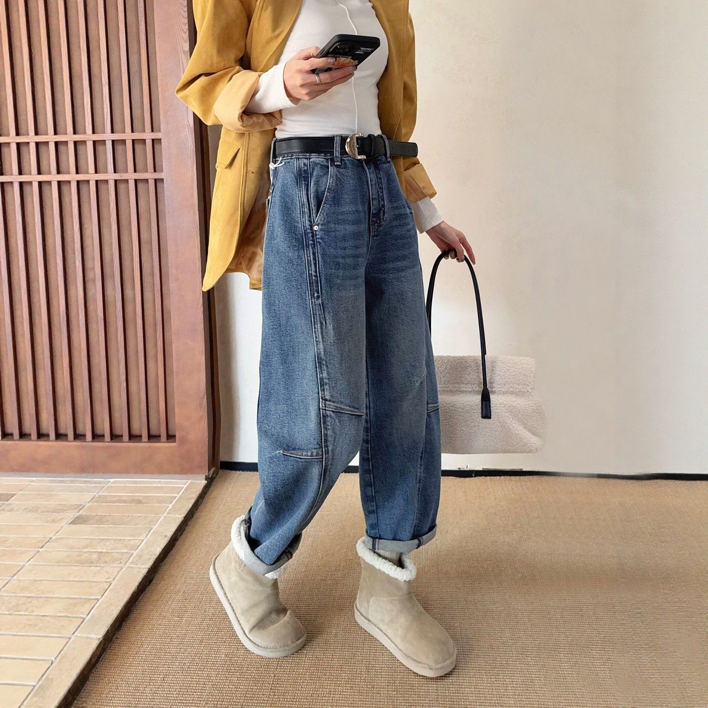 2026春季新款蓝色牛仔哈伦裤女宽松高腰九分休闲阔腿弯刀裤奶奶裤