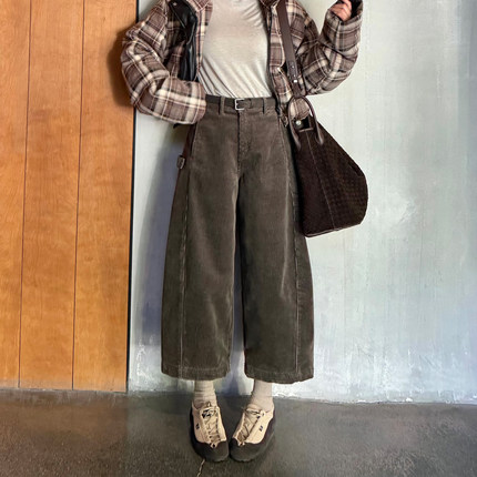 冬新款灰色加绒阔腿休闲裤女条绒裤宽松高腰九分灯芯绒直筒弯刀裤