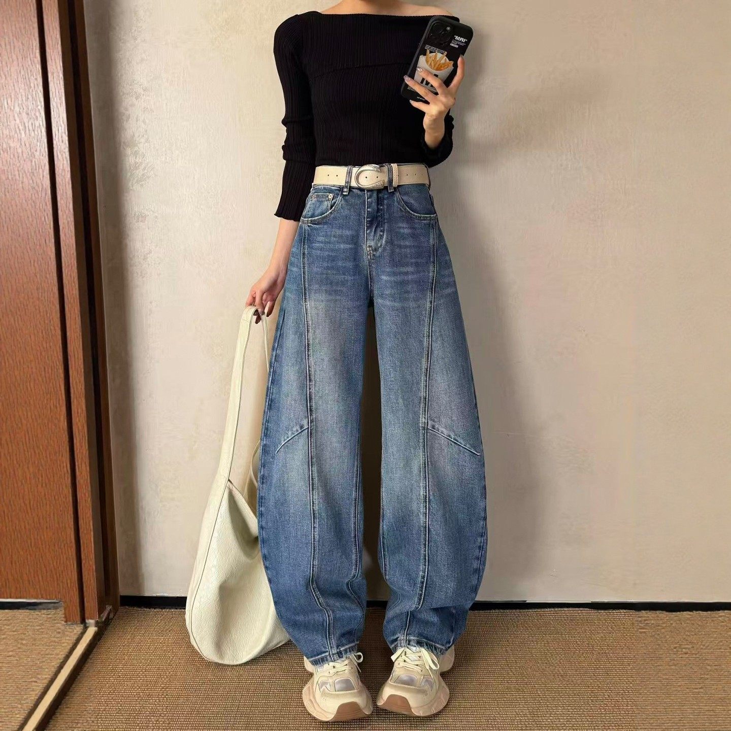 春季新款蓝色阔腿牛仔裤女弯刀裤宽松高腰长裤高个子垂感拖地裤