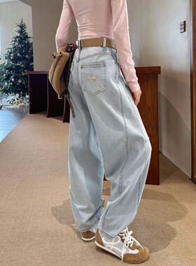 2026春新款浅蓝色阔腿牛仔裤女弯刀裤宽松高腰松弛感高个子拖地裤