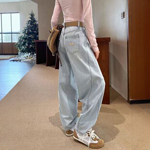 2026春新款浅蓝色阔腿牛仔裤女弯刀裤宽松高腰松弛感高个子拖地裤