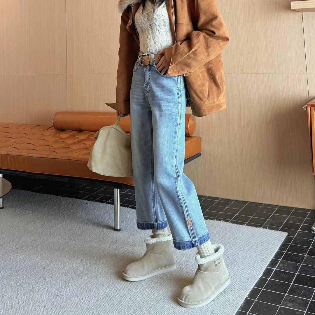 2025春季新款浅蓝色直筒牛仔裤女高腰九分法棍裤小个子显瘦烟管裤