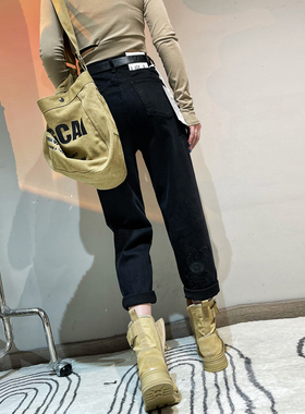 欧货秋冬季黑色牛仔萝卜裤女宽松高腰显瘦大码哈伦老爹裤小脚垮裤