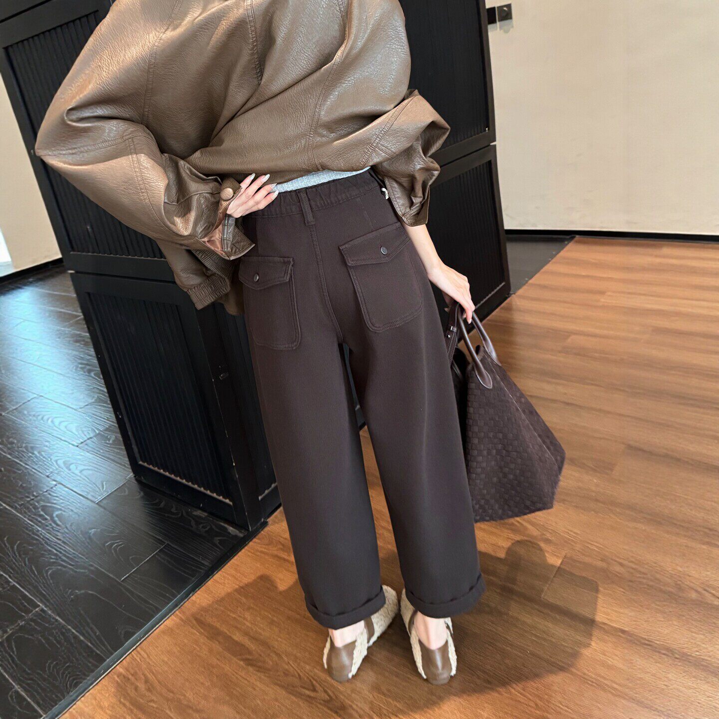秋冬加绒高腰阔腿九分牛仔裤女