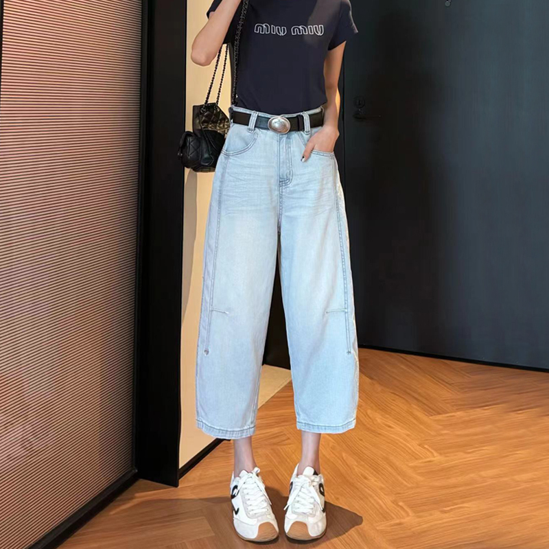 2025春夏薄款浅蓝色阔腿牛仔裤女八分高腰小个子弯刀裤直筒奶奶裤