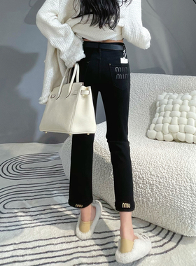 春秋新款黑色牛仔烟管裤女高腰弹力显瘦八分小个子窄版直筒裤百搭