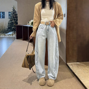 2026早春新款浅蓝色阔腿牛仔裤女高腰宽松高个子长裤弯刀裤拖地裤