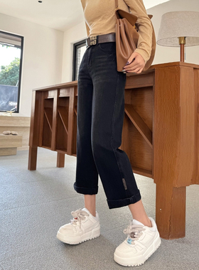 2025春季新款磨砂黑色直筒牛仔裤女九分高腰显瘦休闲阔腿法棍裤子