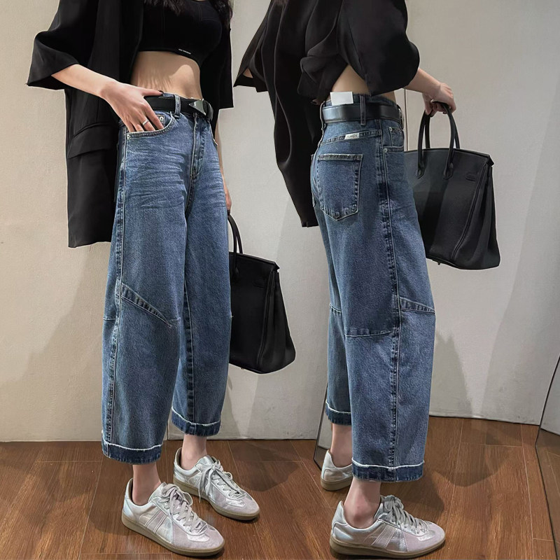 2025春新款蓝色直筒牛仔裤女高腰显瘦九分小个子休闲阔腿裤奶奶裤