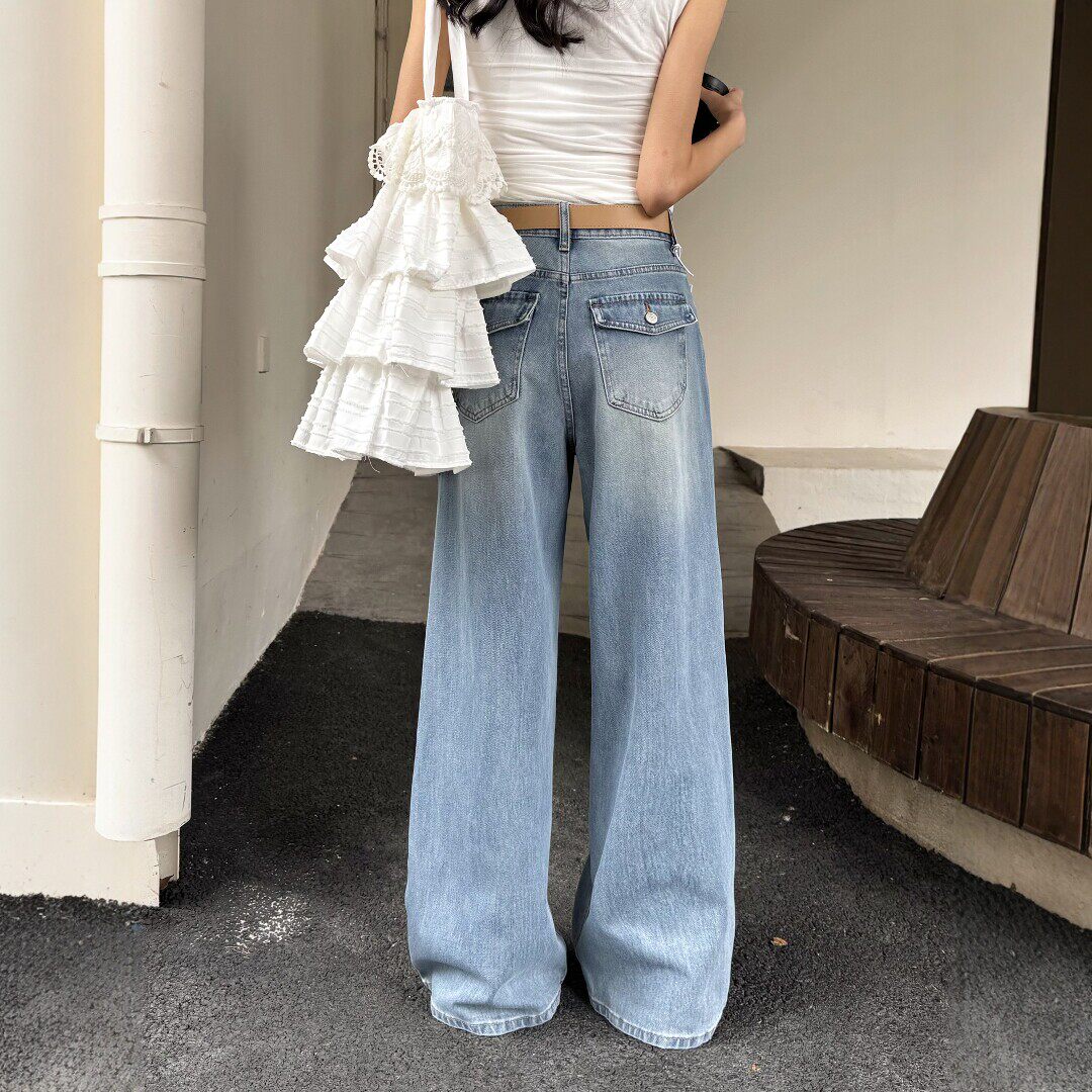 2026春新款浅蓝色阔腿牛仔裤女宽松高腰直筒高个子长裤垂感拖地裤
