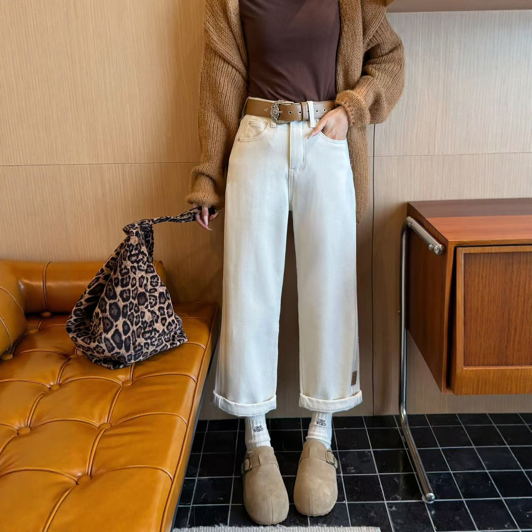 2025秋冬新款杏色直筒牛仔裤女加绒宽松高腰显瘦阔腿裤九分法棍裤