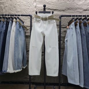 2025冬季新款杏色加绒阔腿牛仔裤女宽松高腰休闲高个子弯刀拖地裤