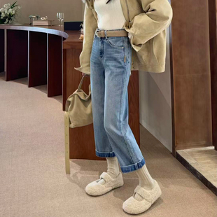 2026早春新款蓝色直筒牛仔裤女高腰九分小个子窄版法棍裤子烟管裤
