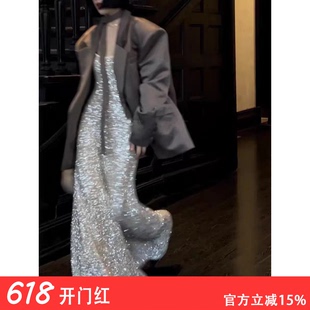 大码女装小众性感背心吊带连衣裙炸裂亮片晚宴会生日战袍轻礼服