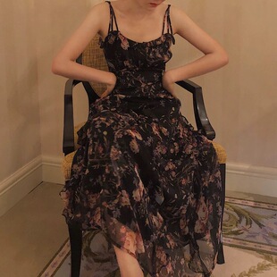 加肥加大很仙 2026夏季 大码 女装 复古碎花吊带裙胖mm雪纺长裙 法式