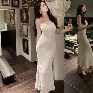 大码女装2025新款轻奢亮片鱼尾吊带连衣裙高级感气质名媛晚宴礼服