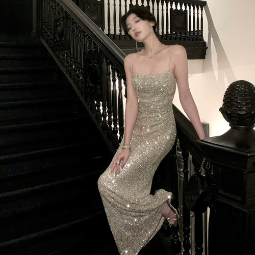 大码女装宴会闪闪亮片吊带礼服裙