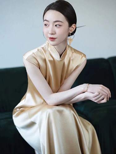 大码女装仿醋酸缎改良旗袍连衣裙
