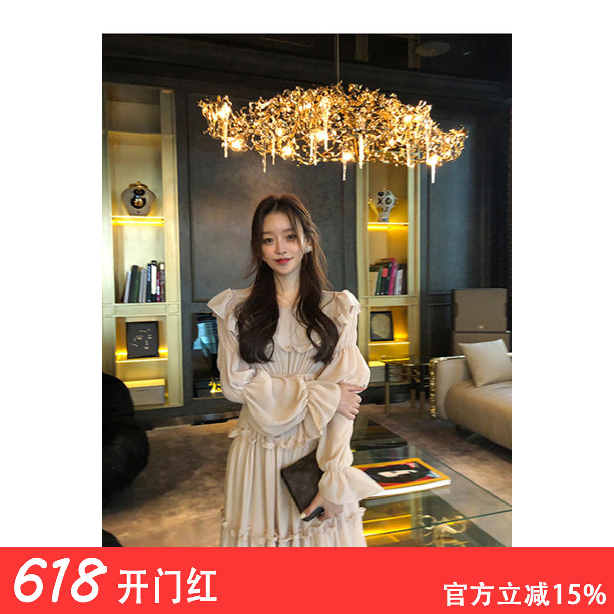 2024春秋大码胖mm森女系修身宫廷长袖圆领立体木耳边大裙摆连衣裙