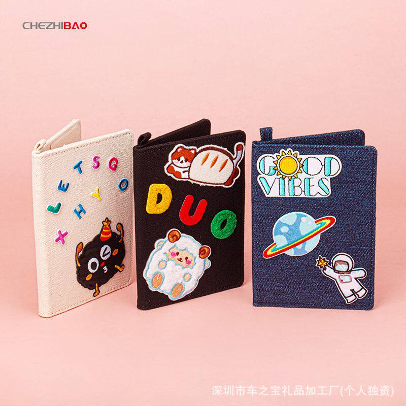 创意DIY牛仔护照夹刺绣布贴旅行护照保护套个性帆布旅行证件包包