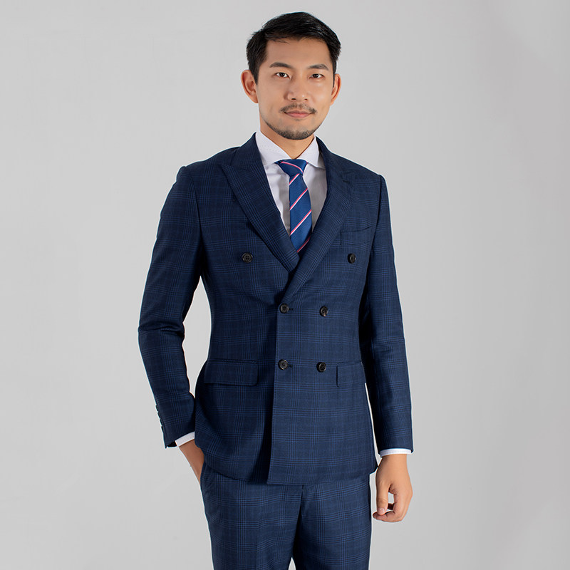高定款男士蓝色格子双排扣西装新郎伴郎西服套装时尚休闲商务西装