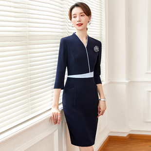 珠宝店售楼部物业美容师工装 春装 V领连衣裙空姐服女职业装 七分袖