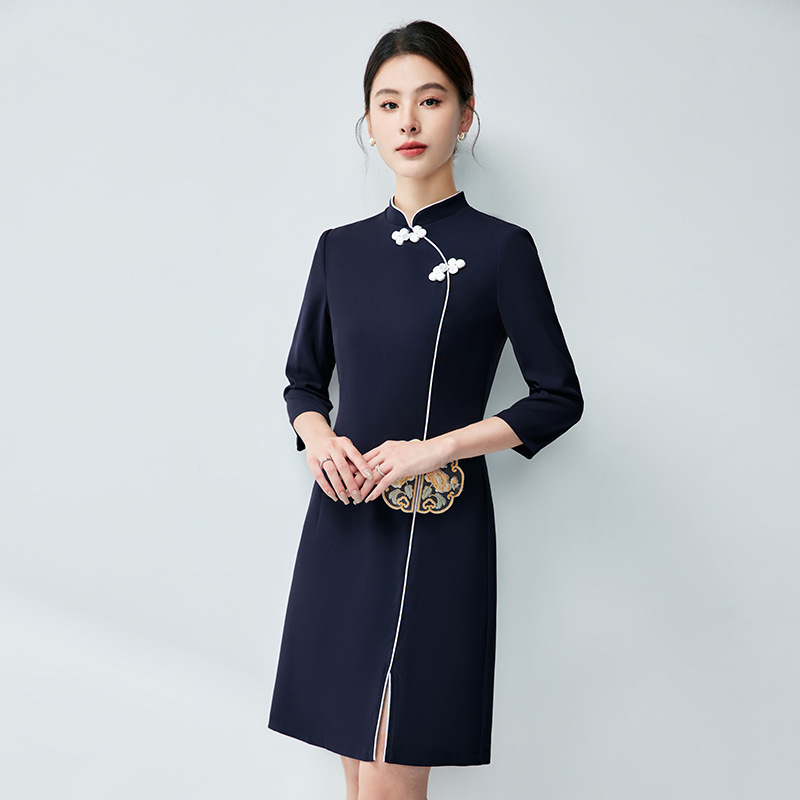新中式国风复古连衣裙女七分袖改良旗袍酒店前台接待美容院工作服