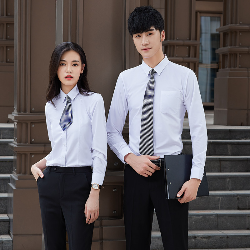 冬季新款加厚加绒保暖男女职业装同款长袖衬衫白色方领衬衣工作服