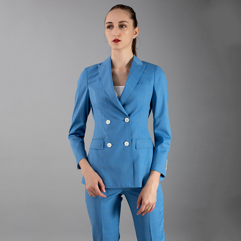 秋冬新款现货双排扣女西服蓝色长袖外套  正装时尚休闲小西装毛料