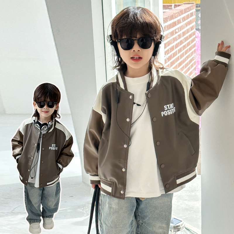 男童皮衣外套洋气宝宝春秋棒球服