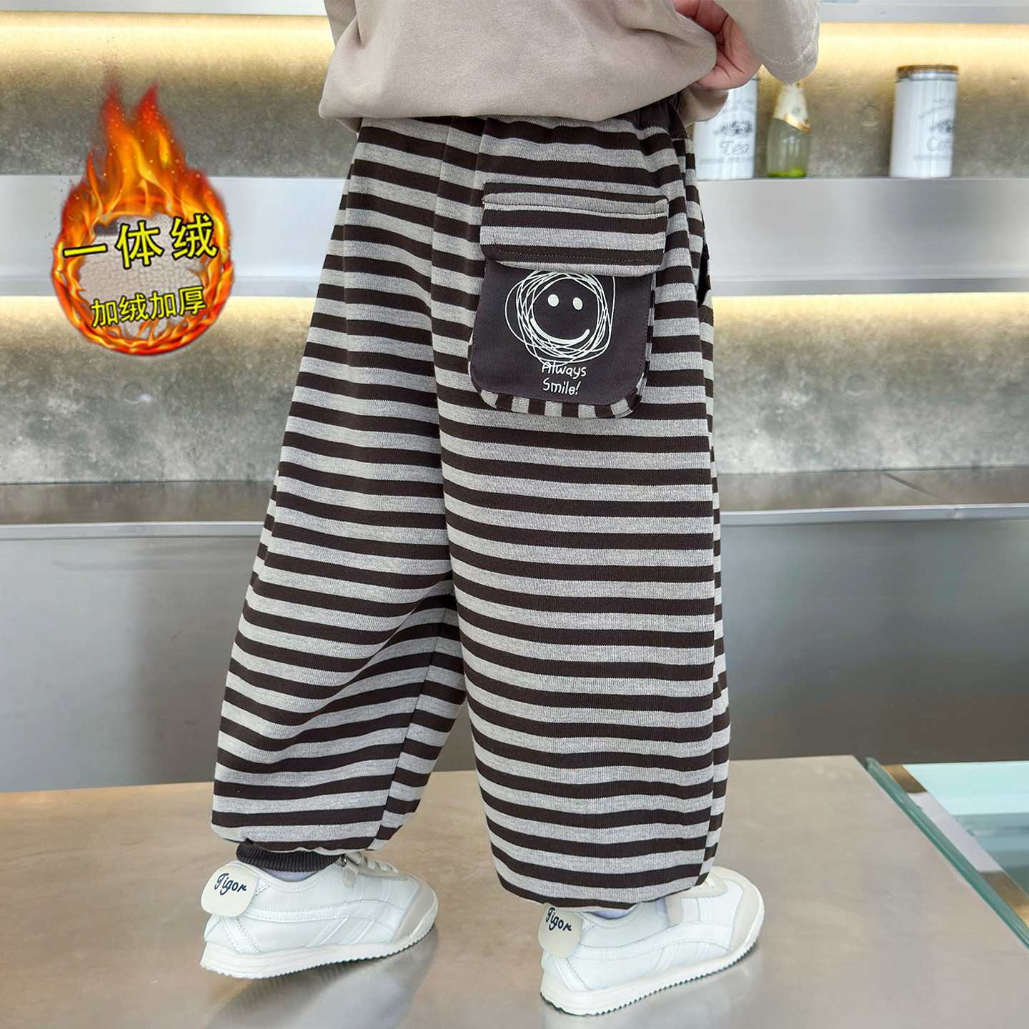 潮儿童加绒加厚一体绒条纹裤
