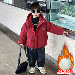 男童加绒加厚外套秋冬款2025新款帅气时髦宝宝儿童冬装轻薄棉服潮