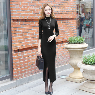 包臀打底衫 长款 过膝开叉毛衣长裙显瘦气质针织连衣裙秋冬内搭修身