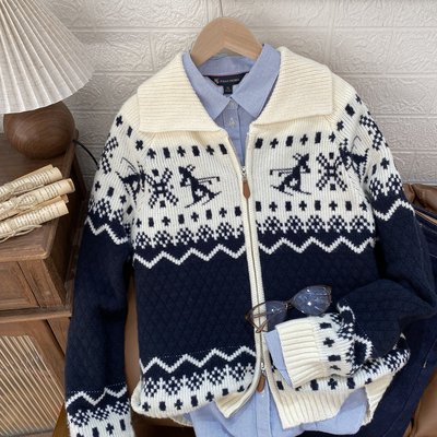 保罗彼得专柜同款女士复古提花费尔岛羊毛开衫大翻领UKEDM00120