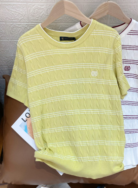 女士新款圆领短袖条纹针织衫短袖撞色百搭保罗彼得正品UKFAZ01211