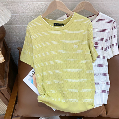 女士新款圆领短袖条纹针织衫短袖撞色百搭保罗彼得正品UKFAZ01211