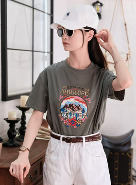 保罗彼得专柜同款女士舒适灰色圆领印花潮款日常短袖T恤TBEB43512