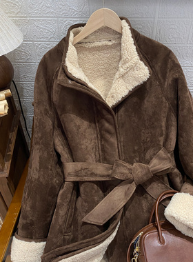 保罗彼得专柜正品女式复古美拉德立领麂皮绒中长款外套GSEDU00640