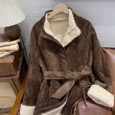 保罗彼得专柜正品女式复古美拉德立领麂皮绒中长款外套GSEDU00640