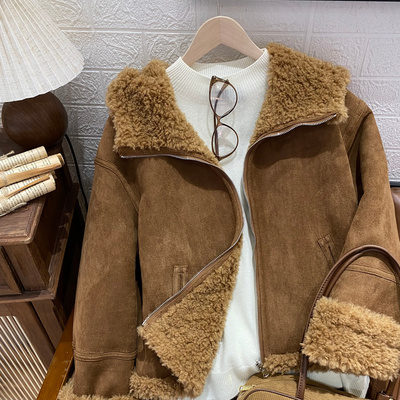 保罗彼得专柜正品皮毛一体复古大翻领短款羊羔毛外套GSEDY00040