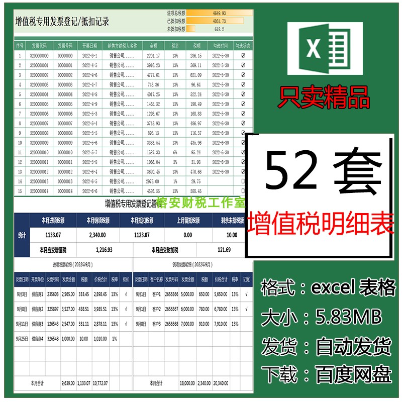 增值税统计表电子模板 普通专用发票税额明细表 财务进项销项税票