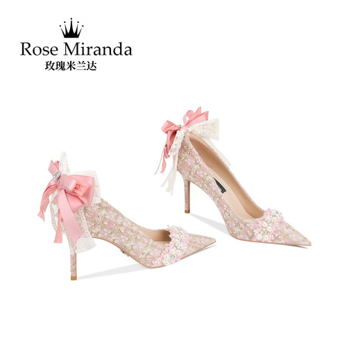 玫瑰米兰达RoseMiranda高跟鞋粉色花呢布小香风百搭尖头单鞋