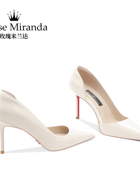 玫瑰米兰达【红底】RoseMiranda高跟鞋米白色侧空红底浅口单鞋女