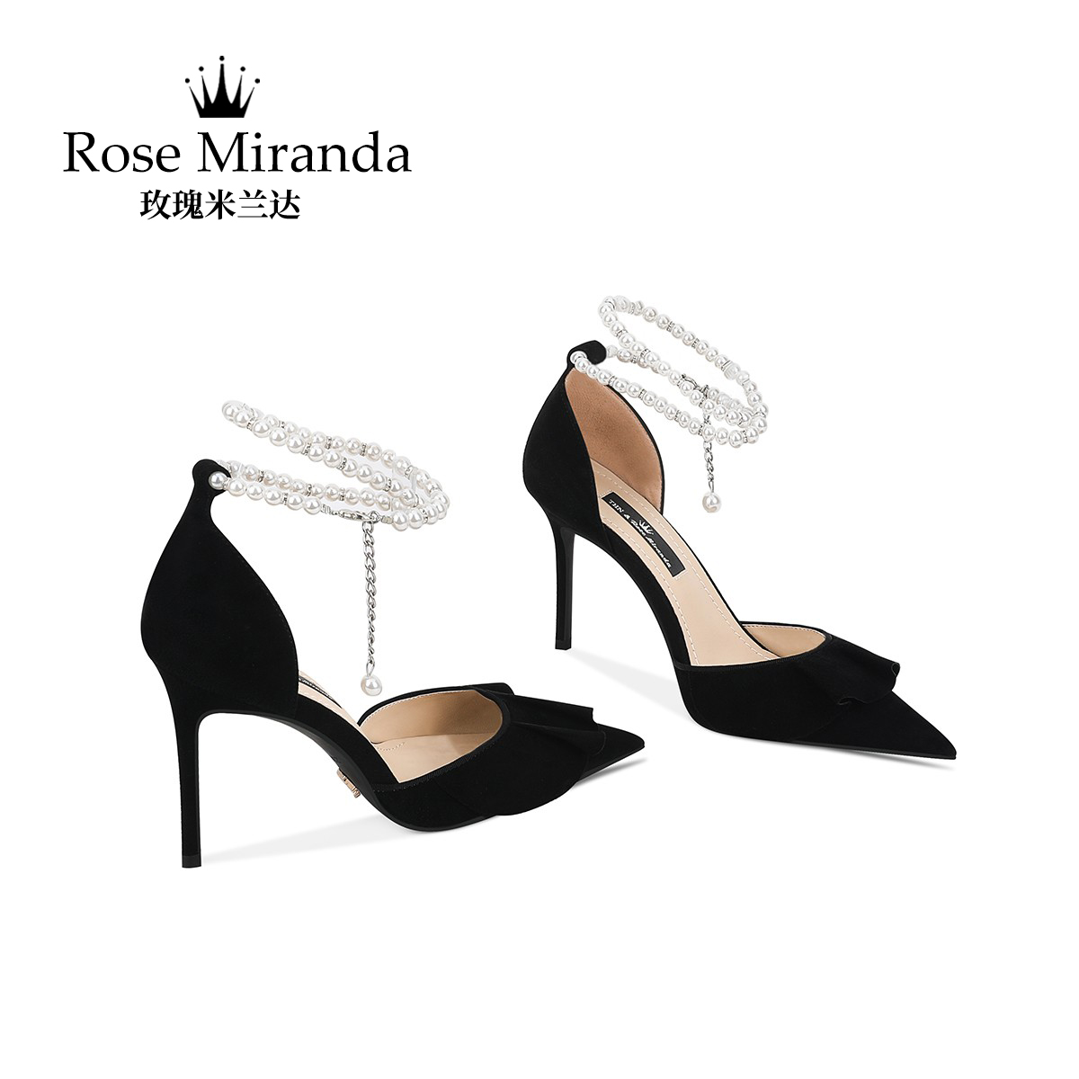 玫瑰米兰达RoseMiranda高跟鞋黑色羊猄皮浅口珍珠侧空凉鞋