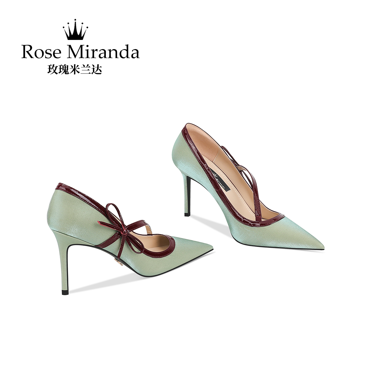 玫瑰米兰达RoseMiranda高跟鞋日常穿搭绿色真丝尖头单鞋女