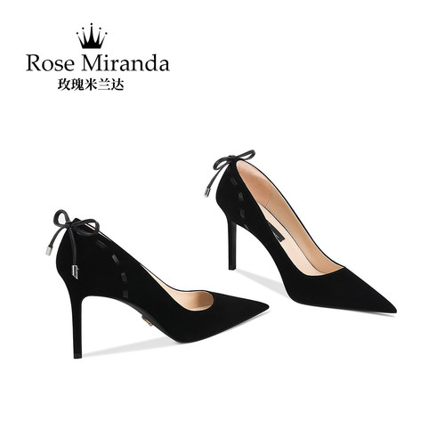 玫瑰米兰达RoseMiranda高跟鞋黑色真皮新款细跟尖头单鞋女