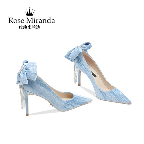玫瑰米兰达RoseMiranda高跟鞋浅蓝色丝绒浅口尖头单鞋