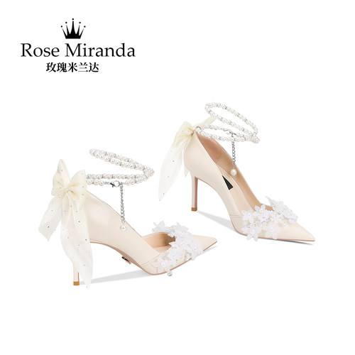 玫瑰米兰达RoseMiranda高跟鞋秋季真皮单鞋珍珠链婚宴婚鞋