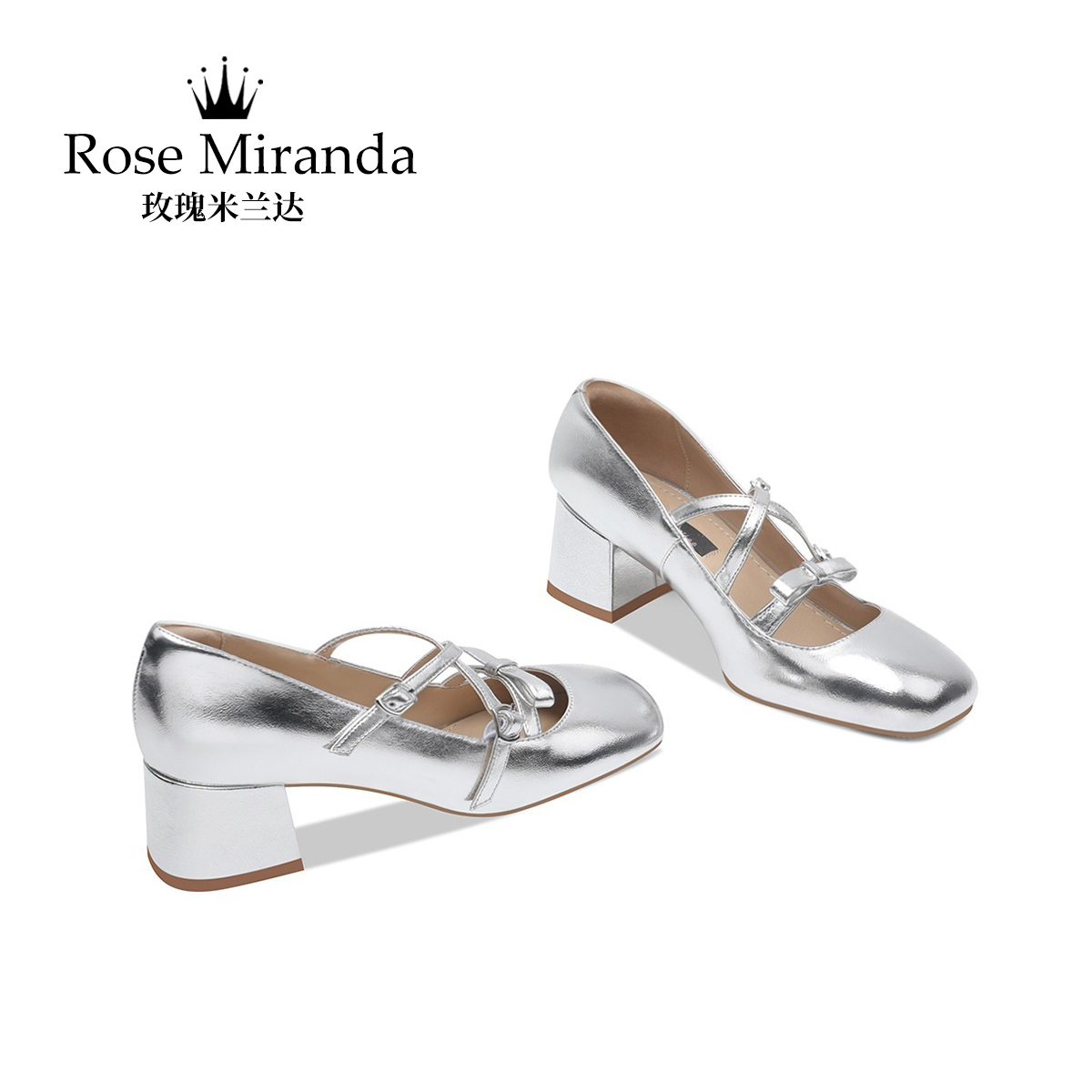 一字带银色真皮高跟鞋方头玛丽珍